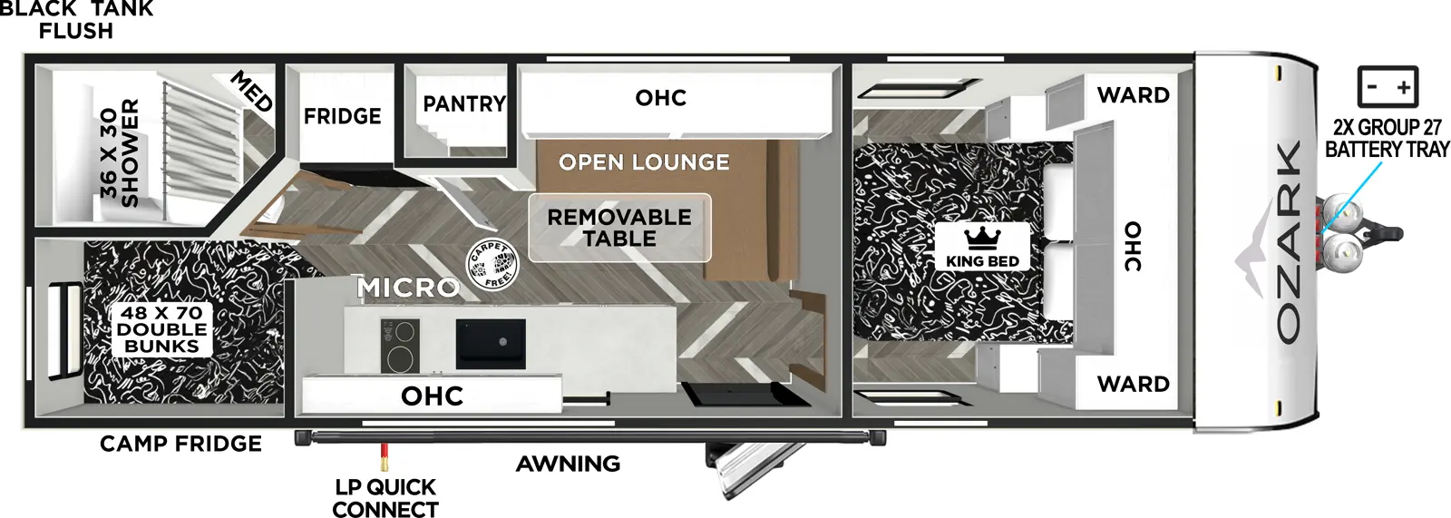 The Ozark 2400BHLE floorplan has one entry and zero slide outs. Exterior features include: fiberglass exterior. Interiors features include: bunk beds and front bedroom.